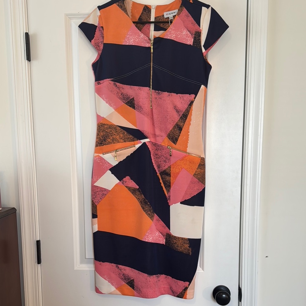 Orange and Pink Midi Sheath Dress with Cap Sleeves for Work